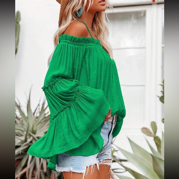 Luxe apricot off shoulder long sleeve casual blouse - Picture 13 of 15